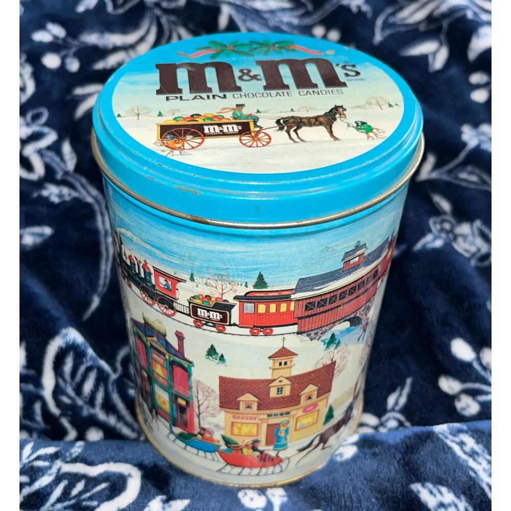 Vintage M&M's Plain Chocolate Candies Metal Tin Winter Village & Train Scene